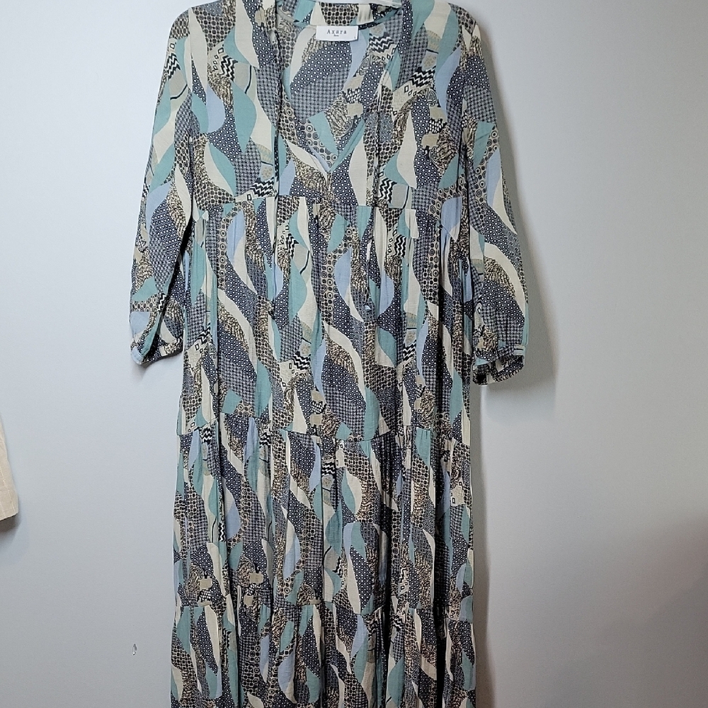 Axara Paris babydoll peasant abstract tiered midi dress 3/4 sleeves size Large